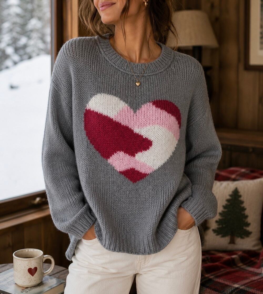 Wooden Ships Heart Camo Gray Knit Sweater Cozy Cabin Core Size Small / Medium
